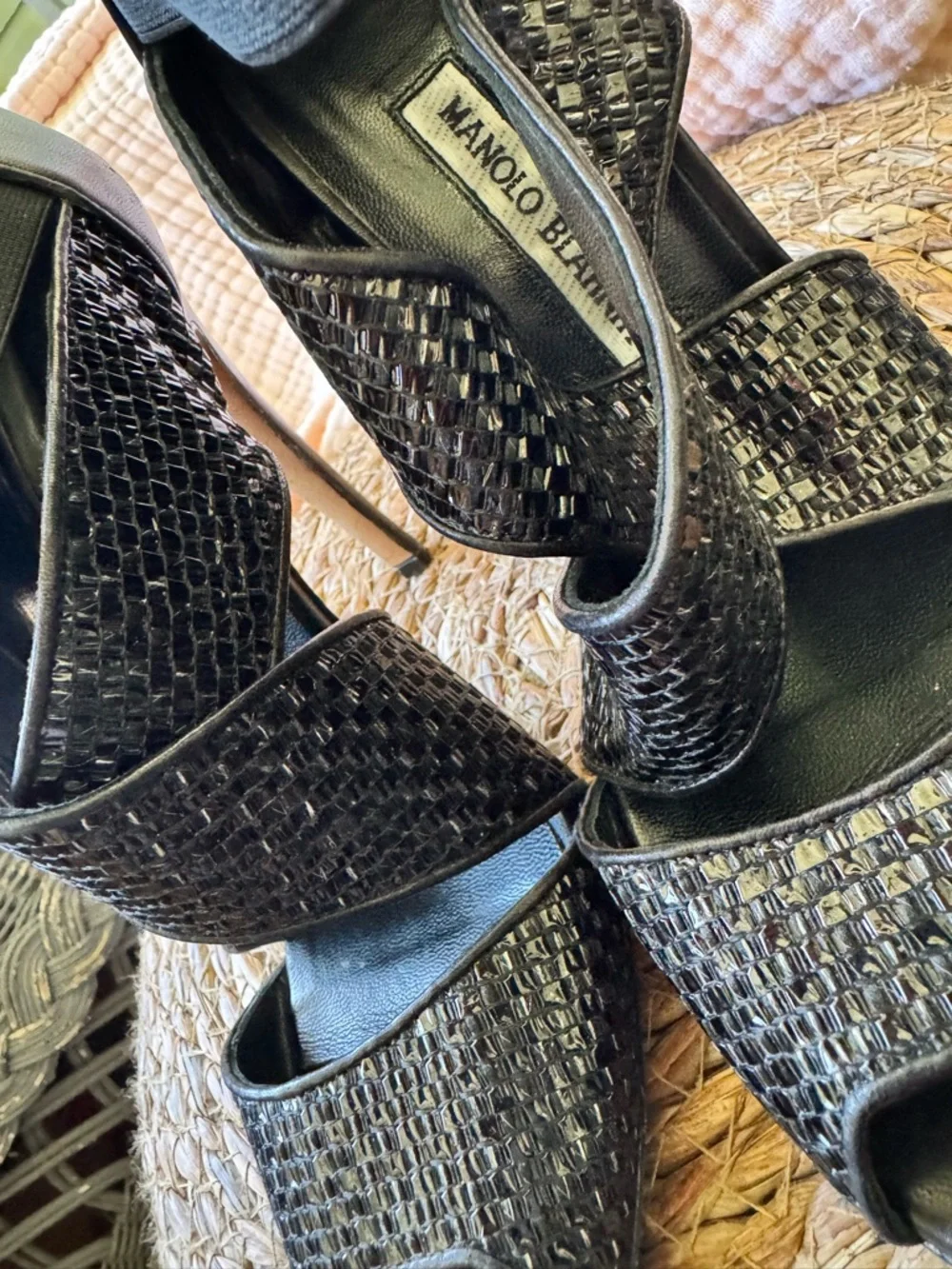 Manolo Blahnik Black Woven Leather Crisscross Peep-Toe Heels - Picture 7 of 8